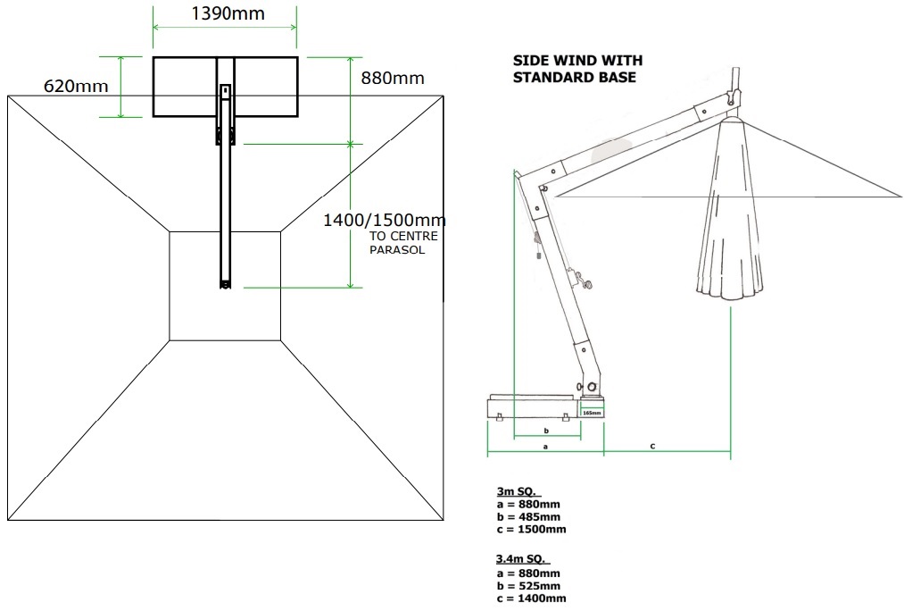 specifikacije i crtež standardne baze za parasol Hurricane Side Wind